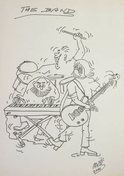 Caricature Groupe Avec Claviériste Batteur Guitariste Qui Chante Aussi Les — Photo