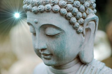 Huzurlu bir meditasyon Buda 'sının başı. Buda 'nın başı yakın planda. Heykel bahçemizde duruyor. Arka planda bulanık bir beyaz Buda heykeli var.