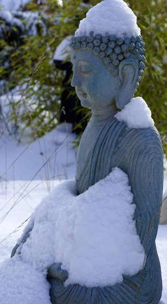 一个被雪覆盖的蓝色的佛像 — 图库照片