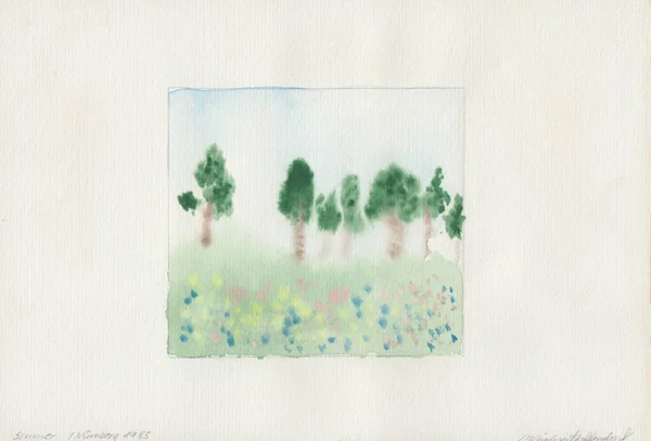 Akvarellmålning Sju Träd Sommaren Den Tillverkades 1985 Nuernberg Det Del — Stockfoto