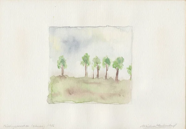 Watercolor painting of seven trees in spring. It  was made in 1985 in Nuernberg. It\'s part of group paintings of the same group of trees.