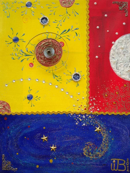 Pintura Abstrata Com Três Universos Azul Amarelo Vermelho Universo Vermelho — Fotografia de Stock