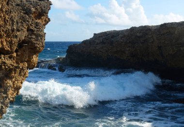 Dalgalar kayalara çarpıyor. Ulusal Park Shete Boka 'da dalgalar. Curacao 'nun vahşi kuzey kıyısında yer alır. Shete Boka ismi yedi küçük koy anlamına gelir..
