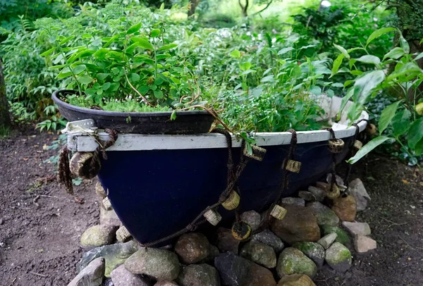 Bote Remos Azul Con Borde Blanco Las Piedras Usadas Como —  Fotos de Stock