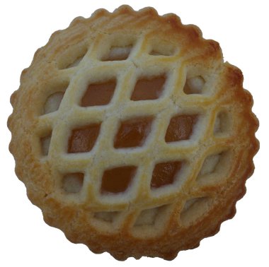 Deniz tarağı kenarlı yuvarlak kurabiye. Elmalı turtaya benzeyen altın bir kafes kabuğu var. Işıktan yapılmış kafes, yumuşak hamur işi, altında parlak, karamel renkli bir dolgu olduğunu gösteriyor..