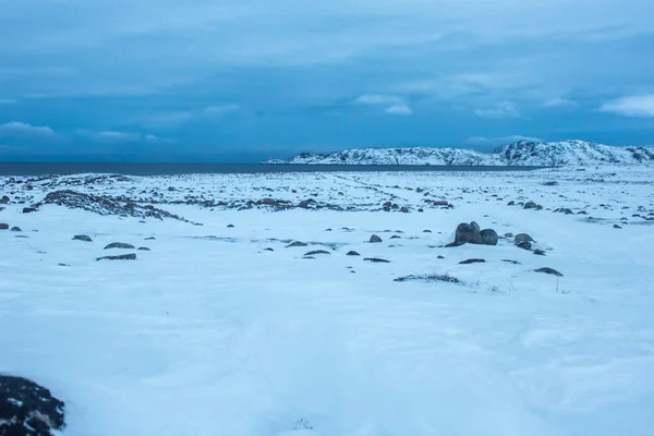 Równiny śnieżne na wybrzeżu Morza Barentsa poza kołem podbiegunowym na dalekiej północy w regionie Murmańska wieś Teriberka w mroźnej zimie — Zdjęcie stockowe