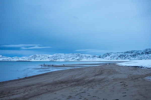 추운 겨울에머 르 만크 지역 테리 베르카 마을의 북극권에 있는 바렌츠 해 안의 북쪽 해변 — 스톡 사진