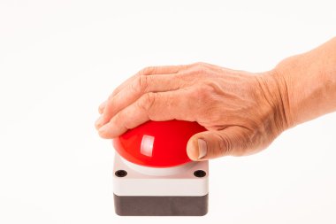 Hand pushing a red buzzer clipart