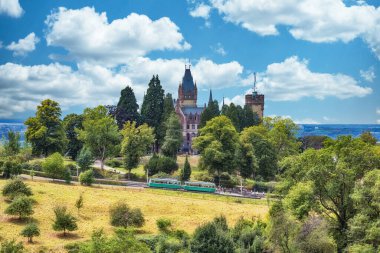 Koenigswinter, Germany - August 01, 2020: The cable railway to the Drachenfels in front of the Drachenburg Castle in Koenigswinter near Bonn.