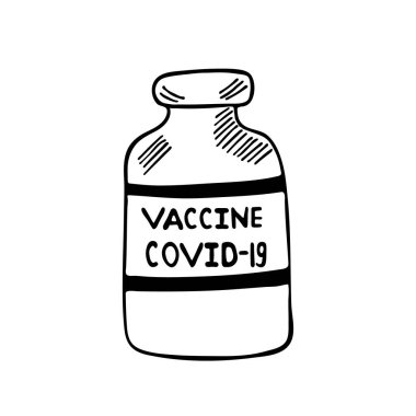 Covid-19 aşı karalaması, beyaz arka planda izole edilmiş bir Coronavirus aşısı şişesinin el çizimi tasviri. Uyuşturucu ampulü, metin için boşluk ile aşılama kavramı.