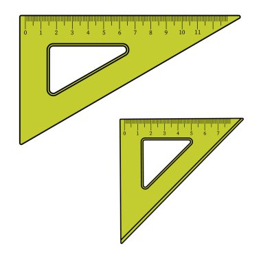 İki plastik üçgen cetvel seti. Okul araçları beyaz arka planda izole. Cetvel ölçüyorum. Geometri ve çizim, ölçüm, okul çantası ögesi, eğitim