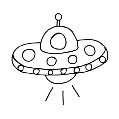 Uzay uçan dairesi. Doodle biçimi UFO veya vektör biçiminde uzaylı uçan daire çizimi