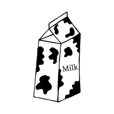 Süt kutusu çizimi. Beyaz arkaplanda el çizimi karalama tarzı süt bardağı ve etiket vektör çizimi izole
