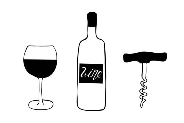 Doodle stil vin set illustration i vektor format inklusive flaska, glas, korkskruv och kork. Flaska, glas med vin och korkskruv set ikon, klistermärke. rita handritade klotter stil. minimalism Vektorgrafik