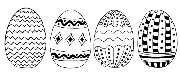 Easter eggs Hand drawn decorative elements in vector for coloring book. Black and white. Doodle vector illustration in cute zenart style. Element for greeting cards, posters, stickers and seasonal — Stock Vector