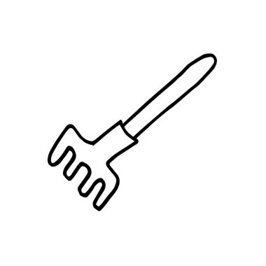 Tırmık çizimi. Uzun saplı tırmıklar. Bahçe aletleri. Karalama çizimi. Beyaz arka planda izole edilmiş. Renk değiştirmek kolay.