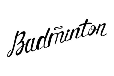 El çizimi Badminton kelimesi, vektör çizimi. Badminton harfleri. Spor malzemeleri. Tebrik kartları, posterler, amblemler, duvar kağıtları için dekorasyon