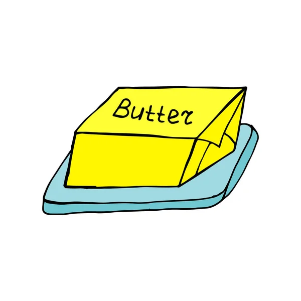Doodle barra de mantequilla en una almohadilla. Elemento alimentario aislado extraído a mano para granja, mercado, feria o ingrediente para libro de recetas. Dibujo de rebanada fresca dibujado a mano pedazo de mantequilla vector ilustración. — Archivo Imágenes Vectoriales