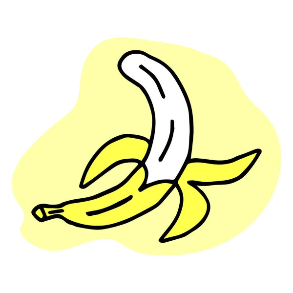 Sød isoleret håndtegnet doodle illustration af banan. Moden gul tropisk frugt. Skrællet banan. Sund vegetarisk mad. Tegneserie klistermærke i tegneserie stil med kontur. Dekoration til lykønskningskort – Stock-vektor