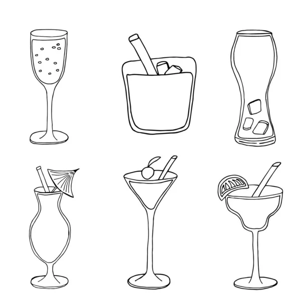 Set with hand drawn cocktails glasses. Isolated on white background. Cocktails vector doodle sketch. Coloring book template. Outline doodle elements vector illustration. — Stock Vector