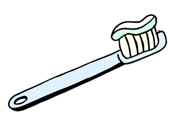 Colored doodle toothbrush with paste. Vector isolated on white background. Mouth hygiene supplies icon. Vector illustration in cartoon in doodle style. — Stock Vector