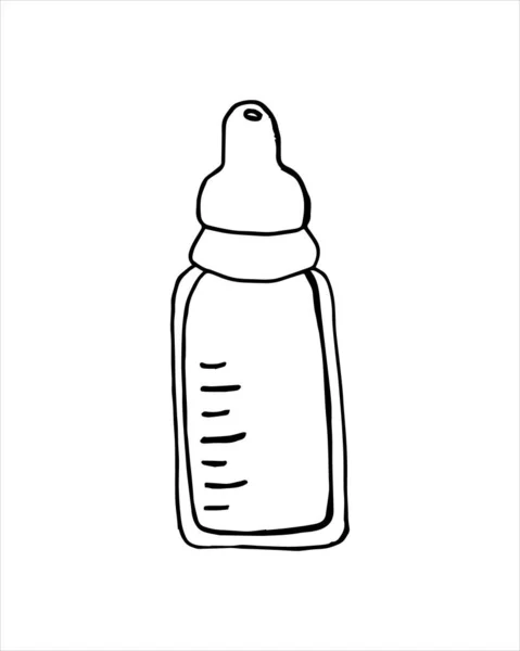 Baby nipple bottle doodle icon. Feeding bottle for newborn baby hand drawn. Vector clip art on a white isolated background in doodle style for a childrens store, website, postcard or poster — Stock Vector