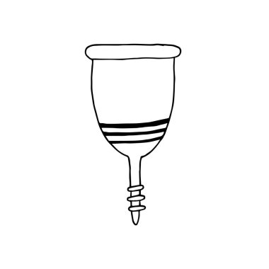 Elle çizilmiş bir adet bardağı karalama tarzında. Beyaz arka planda izole edilmiş. Regl sırasında hijyen ürünleri. Sıfır kayıp. Kadın döngüsü. Kadın sağlığı ve korunması.