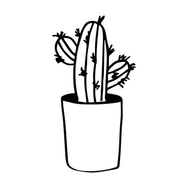 Saksıdaki saksı karalama tarzında. Ev için el yapımı saksı bitkisi. Çizgi film karalama tarzında basit siyah çizim vektör çizimi, izole edilmiş. Evde bahçe işleri.