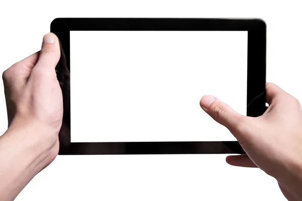 Hold black tablet on hands. Isolated on a white background — Stock Photo, Image