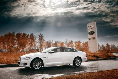 Gündüz, ıslak asfalt yol üzerinde Whtie Jaguar Xj araba kalmak