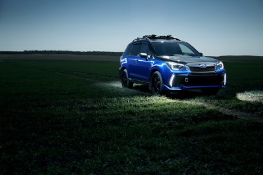 Araba Subaru Forester gece yeşil alanda kırsal off-road standı