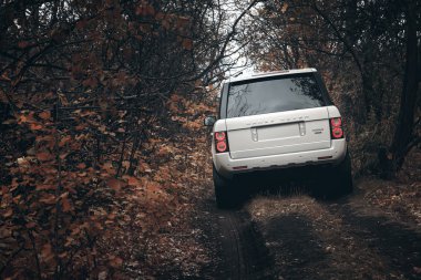 Beyaz araba Land Rover Range Rover gündüz dramatik bulutlarda şehir dışında duruyor.