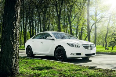 Car Opel Insignia stand on asphalt road in green forest at daytime clipart