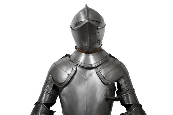 Старий металевий лицарський обладунок ізольований на білому тлі — стокове фото