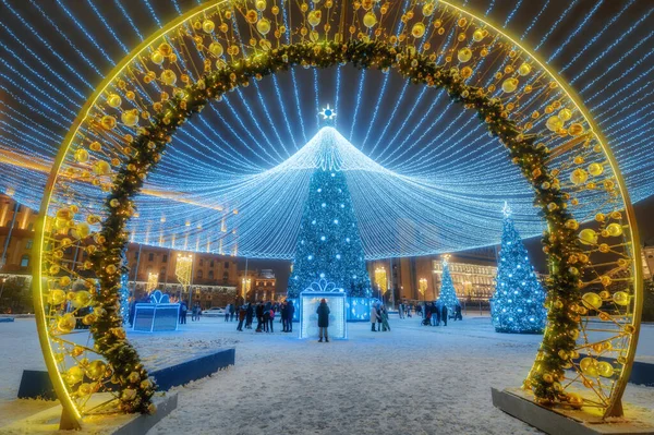 Arbre Noël Moscou Russie Nuit Place Lubyanka Rue Ville Décorée — Photo