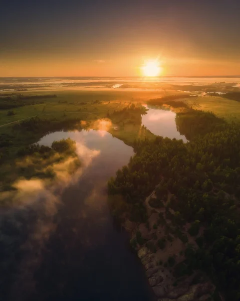 Luchtfoto Drone Uitzicht Het Natuurlandschap Kleurrijke Zonsopgang Romantsevskiye Gory Konduki — Stockfoto