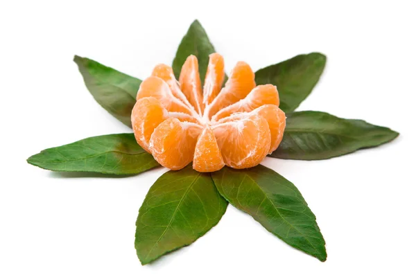 Mandarina naranja fresca con hoja aislada sobre fondo blanco — Foto de Stock
