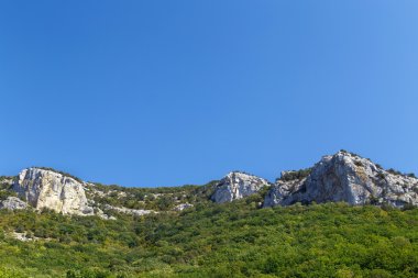 Yüksek dağlar ve üzerinde mavi berrak gökyüzü yeşil orman