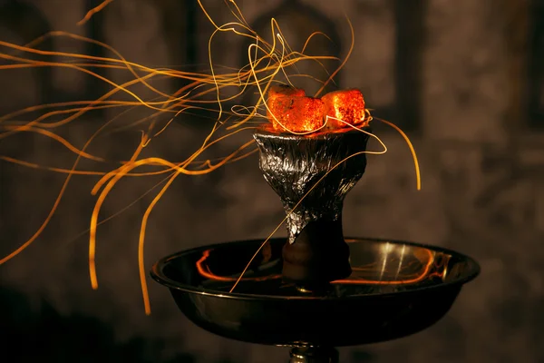 Shisha hookah red hot coals. Sparks from breathe — Stock Photo, Image