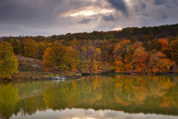 Schöne Naturlandschaft. Herbst Herbst Wald spiegelt sich auf See — Stockfoto