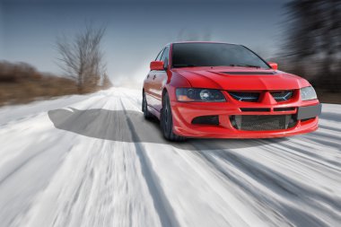 Kırmızı spor araba Mitsubishi Lancer Evolution hızlı sürüş hızlı yolda kış gündüz