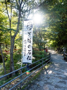 Shimosuwa, Nagano Bölgesi, Japonya - 22 Ekim 2017: Manji no Sekibutsu 'ya giden orman yolu, Shimosha Harumiya Tapınağı yakınlarındaki taş Buda heykeli