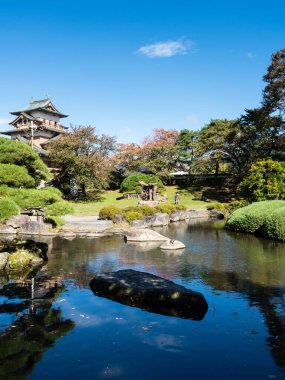 Japonya 'nın Nagano bölgesindeki Suwa' da yeniden inşa edilen Takashima şatosunun yanında göleti olan geleneksel Japon halk bahçesi.