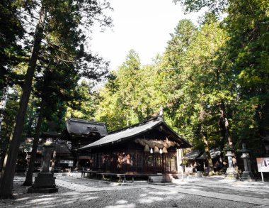 Shimosuwa, Nagano Bölgesi, Japonya - 22 Ekim 2017 Suwa Taisha Shimosha Harumiya, Suwa Büyük Tapınağı 'ndaki dört tapınaktan biri.