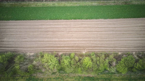 Vista Arriba Hacia Abajo Los Campos Agrícolas Arados Fotografiados Con — Foto de Stock