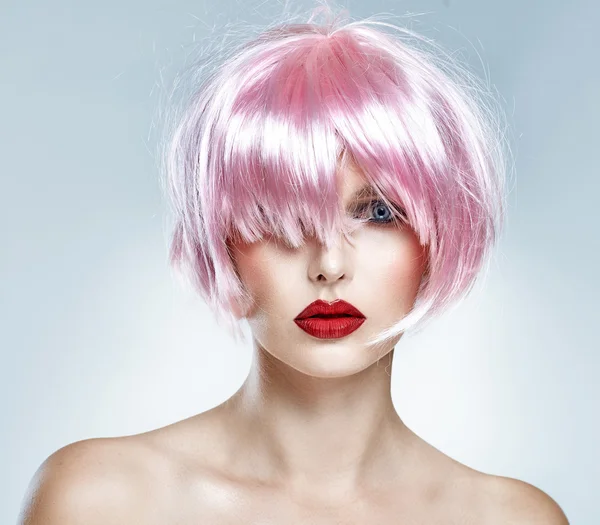 Portrait of a glamour girl with red lips and pink hair isolated — Stock Photo, Image