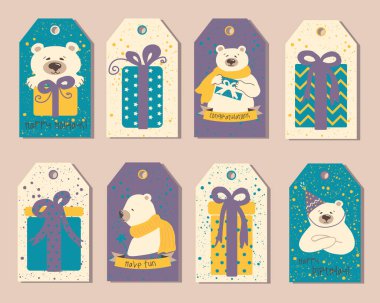 El çizimi elementleri olan doğum günü etiketleri. Vektör çizimleri. Doğum günü, Noel hediyeleri ve hediyeler için mükemmel.