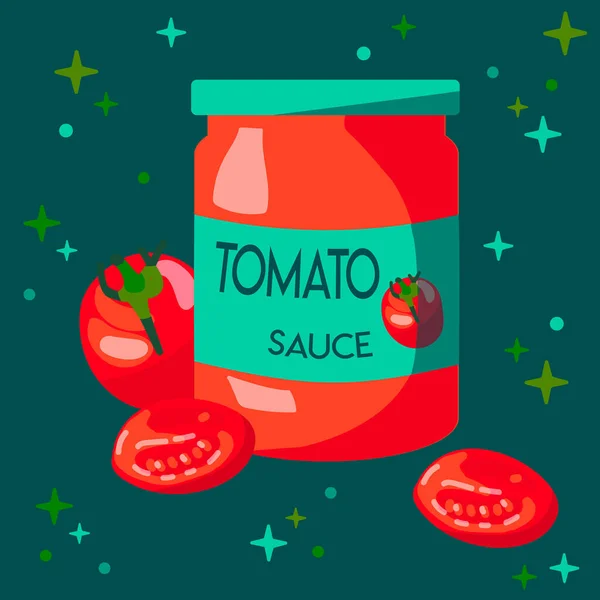 Tomatensauce Vektorillustration Mit Einem Glas Sauce Und Tomaten Auf Dunklem — Stockvektor