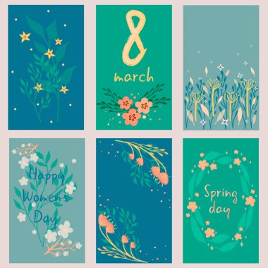 8 Mart bayramlı güzel tebrik kartları, Uluslararası Kadınlar Günü. Çiçekleri karala ve ünvanla ayrıl. Vektör illüstrasyonu.