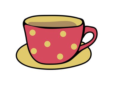 Fincan ve fincan tabağının el çizimi vektör çizimi. Doodle tarzı çizim.